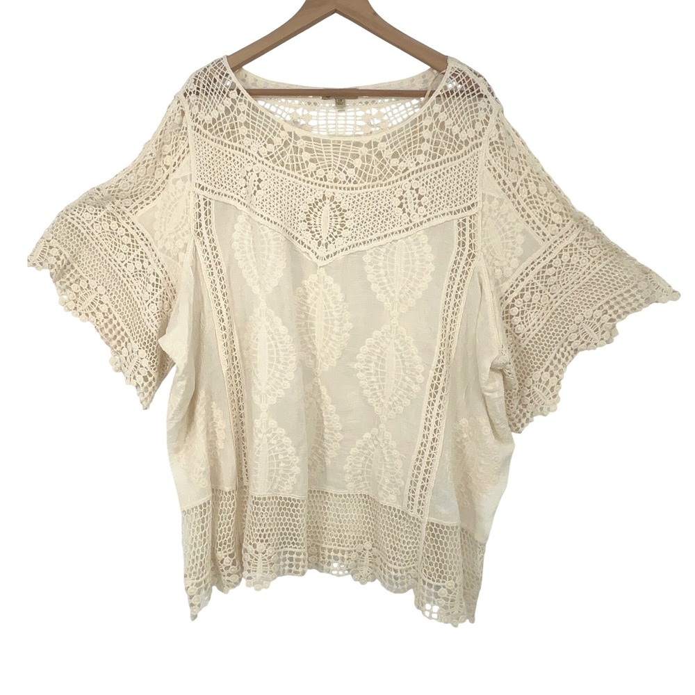 Democracy Womens 3X Top Cream Crochet Lace Boho Festival Minimalist Ethereal